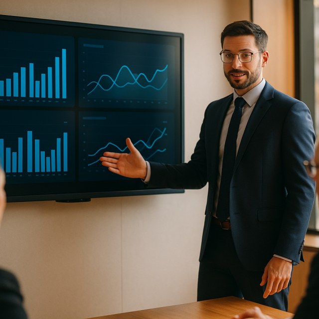 Consultant presenting an analytics dashboard to clients